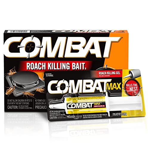 Combat Max Roach Killing Gel for Indoor and Outdoor Use, 1 Syringe, 2.1 Ounces with Combat Roach Killing Bait Stations for Small Roaches, Kills Roaches and Eggs, 12 Count