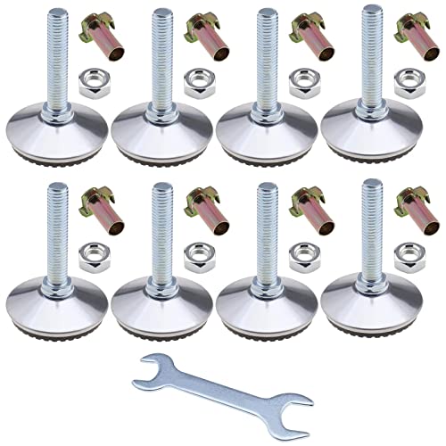 eMagTech Juego de 8 pies de nivelación ajustables M10 ajustador de altura niveladores de muebles pie con llave de perno de tuerca en T para mesa silla gabinete de cocina plateado