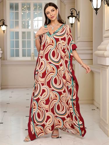 Image of KECVOT Kaftan Dresses for Women V-Neck Print Swimsuit Cover Up Plus Size Beach Caftan Lounge Dress