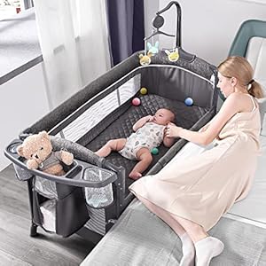 ADOVEL Baby Bassinet Bedside Crib, Pack and Play with Mattress, Diaper Changer and Playards from Newborn to Toddles