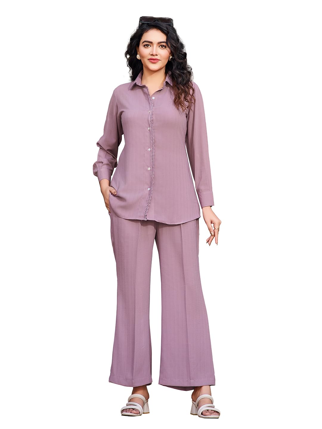 Women's Solid Silk Blend Pink Shirt Trousers Co-Ords(VC_5041CO)-image-49