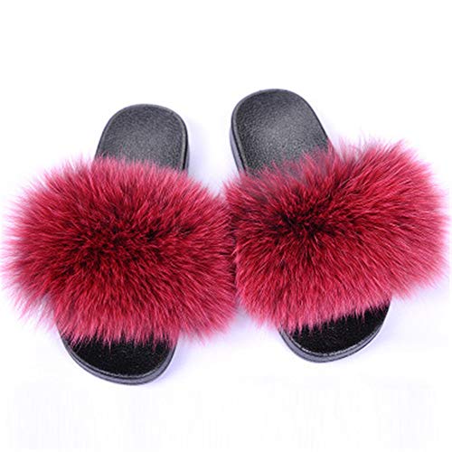 Zapatillas de piel de zorro para mujer, calzado peludo de interior y exterior
