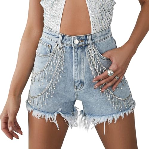 Women's Sparkly Rhinestone Fringe Denim Shorts Y2k High...