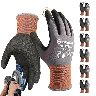 Schwer 6 Pairs Safety Work Gloves with Sandy Nitrile Coating LT5626, Max Abrasion Resistance Heavy Duty Gloves with Grip for Men and Women, Ideal for General Use, Mechanic, Construction, Gardening, L