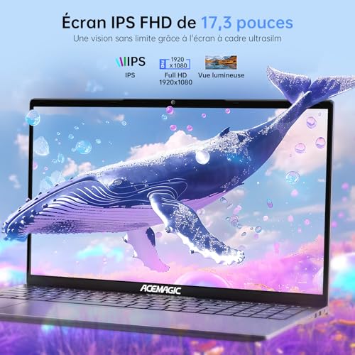 ACEMAGIC PC Portable 17.3 Pouces Ordinateur Portable 16 Go Ram DDR4 512 Go SSD 4 cœurs ln-tel Alder Lake N-97,jusqu'à 3,6 GHz,(dépasser N100/N95) WiFi,3*USB3.2,BT5.0,HDMI,Cache Caméra,Laptop Gris – Image 5