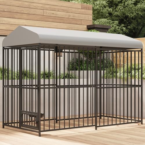 Large Outdoor Dog Kennel with Waterproof Cover, Large Dog House with Feeding Doors, Heavy Duty Dog Enclosures for Garden Backyard Courtyard（8×4×6FT）