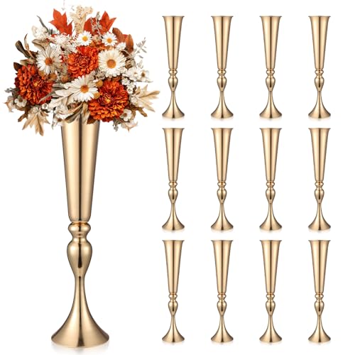 Image of 12 Pcs Tall Gold Trumpet Vases for Centerpieces & Wedding Tables - 21.65 inch Tall Gold Flower Vase Set with Weighted Base, Metal Trumpet Centerpieces for Tables (Bases para Centros de Mesa)