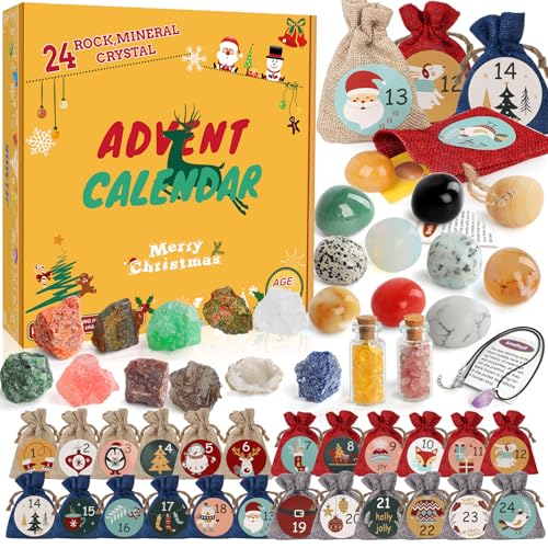 Calendario Adviento 2025 Minerales, 24 Días Calendario de Adviento 2025 Minerales y Cristales Fosiles Piedras Preciosas Naturales, Navidad Advent Calendar 2025 para Niños Niñas Mujer Hombre Girls
