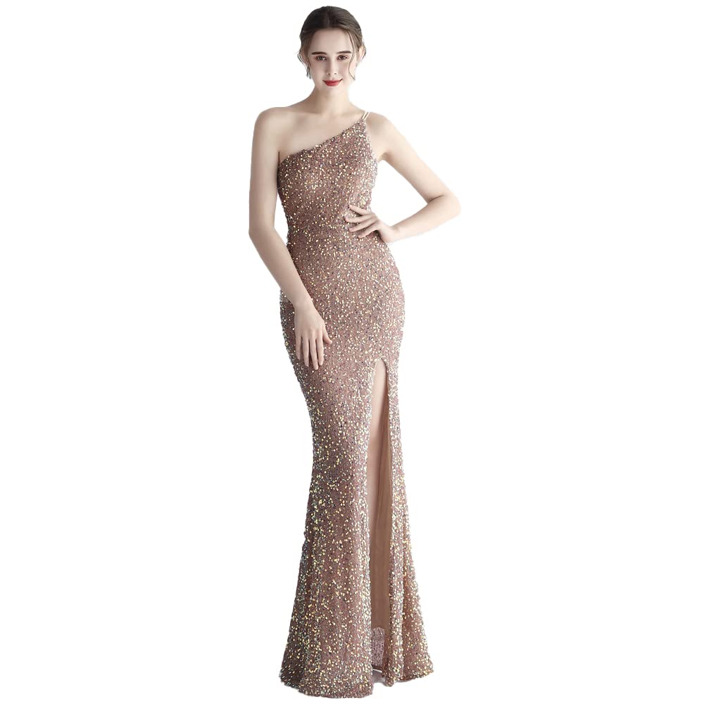ED18900 Sexy One-Shoulder Evening Dress Fishtail Sequin Slit Women's Dress Long Prom Dress Sleeveless Zipper Wedding Dress Mermaid Dress