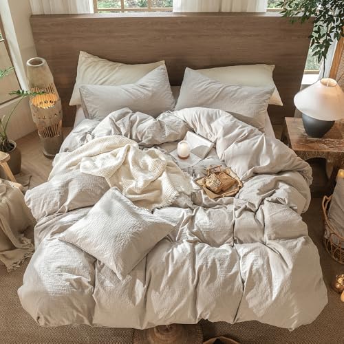 Image of MooMee Wavy Striped Duvet Cover Set 100% Washed Cotton Linen Like Textured Breathable Durable Soft Comfy (Beige, Palatial King /Oversized King 120 inchx98 inch)