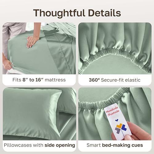 Image of California Design Den 100% Cotton Sheet Set Queen Size - 500 Thread Count Sateen, Queen Sheets Set, Deep Pockets Bedding with All Around Elastic for a Snug Fit - Sea Glass Sage