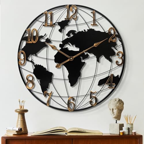 Mee 2ou Large Wall Clock - 20 Inch World Map Minimalist Modern Round Metal Wall Clock Silent Non-Ticking Battery Operated Wall Clocks for Living Room Kitchen Office Farmhouse Home Decor