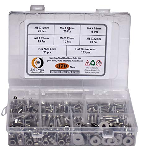 Image of Metric M6 Stainless Alloy Steel 202 Grade Full Threaded Hex Bolts Nuts And Washer Assortment Kit Set With storage Box Pack Of 370 Pcs