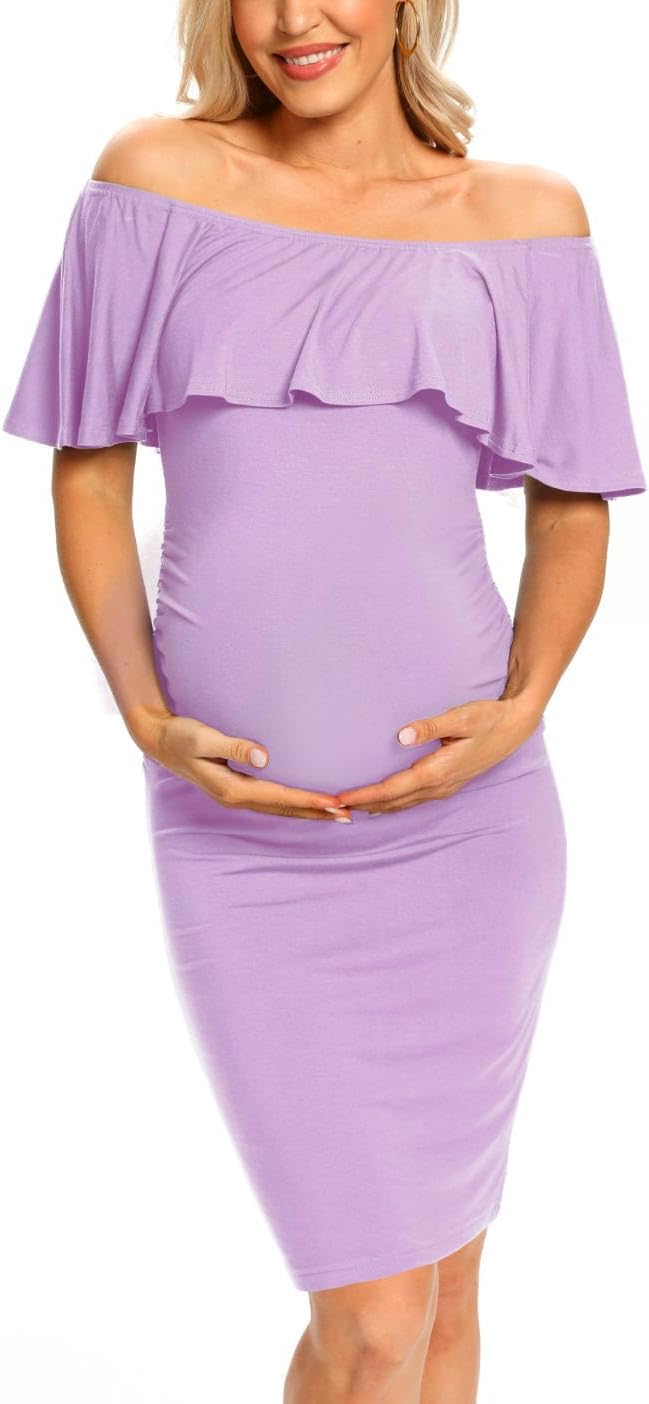 Ruffle Off Shoulder Maternity Dress Ruched Side Bodycon Pregnancy Dress for Baby Shower/Photography