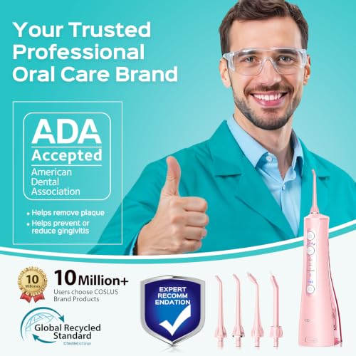 Image of COSLUS ADA Accepted C50 Water Dental Flosser, 4 Modes 5 Intensity Levels | Professional Water Teeth Pick for Braces, Orthodontics & Sensitive Gums, Compact Cordless for Family Home Travel,Pink