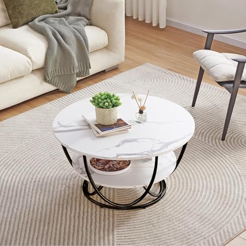 Image of Round Coffee Tables Accent Center Table Sofa Side Tea Table with 2-Tier Storage for Living Room Office Desk Balcony Wood Desktop and Metal Legs (Black and White)
