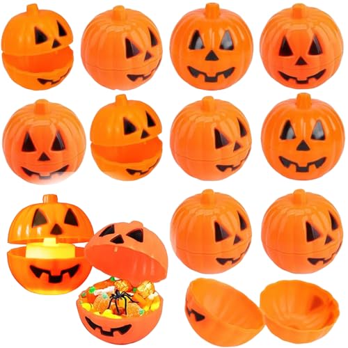 BASEMMAHER 10Pcs Halloween Plastic Pumpkin Storage Candy Box Orange Mini Fillable Pumpkin Container Candy Holder Containers for Halloween Thanksgiving Day Party Mini Gift Holder Props Supplies