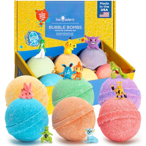 Poke Monster Bath Bombs for Kids with Surprise Inside (6 Pack) - Large Bubble Bath Bomb for Boys & Girls - Fruity Scent Skin-Safe USA Made Kids Basket Stuffers and Gift by Two Sisters