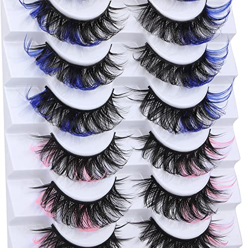 Geeneiya Colored Eyelashes Fluffy Mink Lashes Natural Wispy Cat Eye Lashes Pack Wispy 10 Pairs Russian Strip Lashes (Pink and Blue)