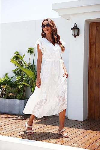 Image of VintageClothing Womens Sundress Casual Floral Summer Boho Dress | Flowy Wrap V Neck Ruffle A-Line Pleated Hem Midi Dresses