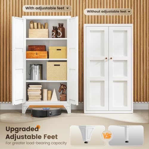 Image of Yizosh Metal Storage Cabinet with Doors and 3 Adjustable Shelves - 47 inch White Kitchen Pantry Storage Cabinet Locker for Kitchen,Living Room,Dining Room