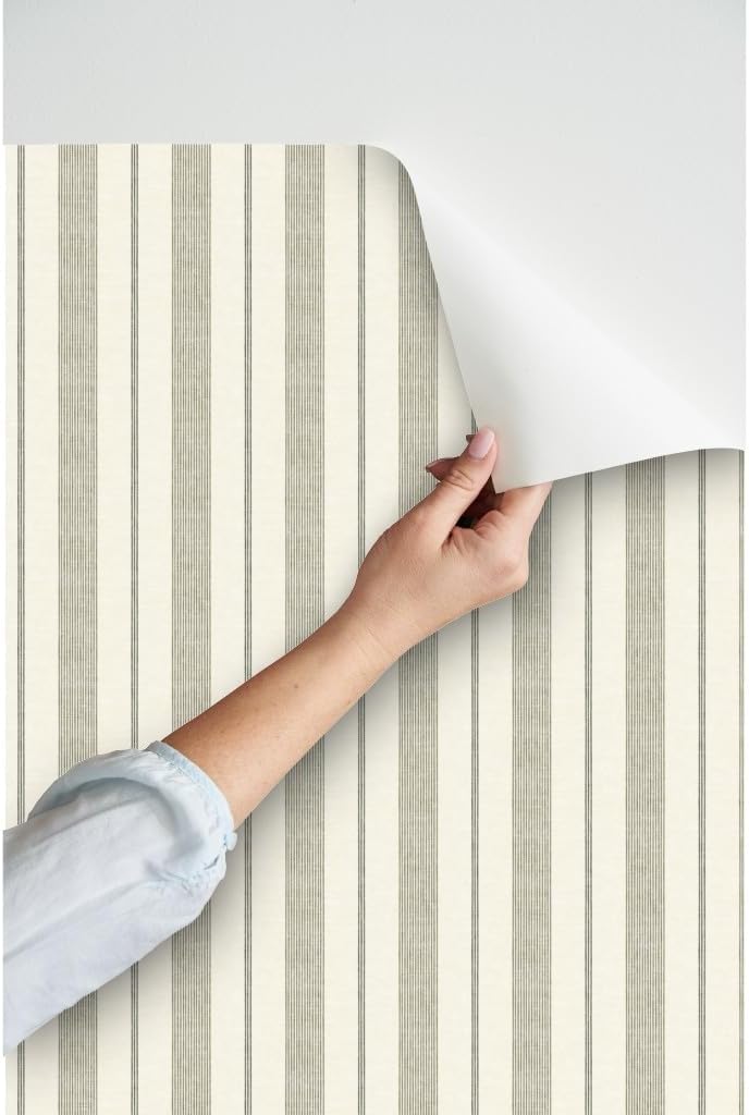 Spoonflower Peel & Stick Wallpaper 3ft x 2ft - Ticking Stripes Classic Striped Vertical Farmhouse Transitional Neutral Cream Green Custom Removable Wallpaper