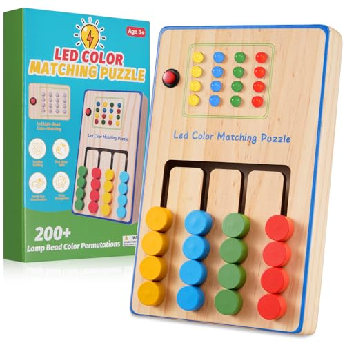 Ceoffo 16 LED Color Matching Slide Puzzle for Kids, Montessori Toys for 3+ Year Old, Preschool Sensory Sorting Learning Toys for Kids, Wooden Toddler Brain Teaser Puzzles Board Car Travel Toys Gift