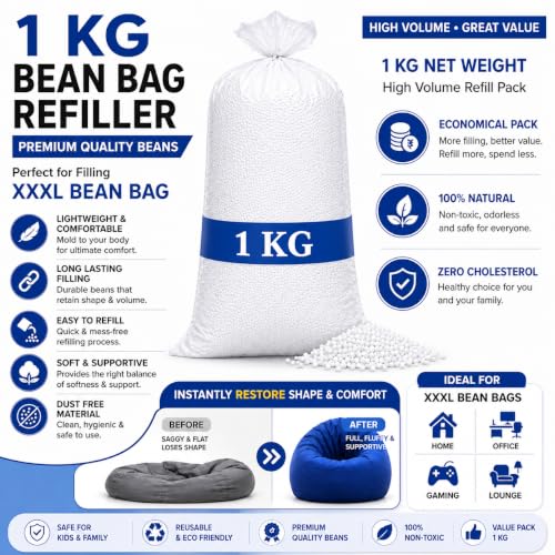 Image of 1 KG Beans for Bean Bag | Bag Refill Beans | High Density Polystyrene Bean Fillers for Bean Bags, Sofas & Pouffes | Soft & Durable White Beans