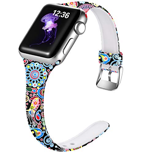Laffav Compatible with Apple Watch Band 40mm 38mm iWatch Series 5 4 3 2 1 for Women Men, Fadeless Floral Print Thin Soft Silicone Sport Replacement Strap, S/M, Colorful Jellyfish