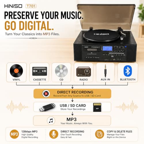 Image of HINISO T701 10-in-1 Vinyl Record Player with Bluetooth in & Out, CD, Cassette, FM /AM Radio, USB /SD Recording | Auto-Return 3-Speed Turntable with AT-3600L Diamond Needle, Remote & RCA