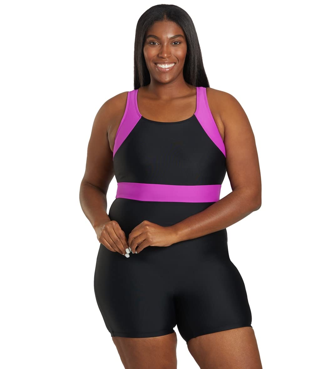 Sporti Plus Size Women Boyleg One Piece Swimsuit - Unitard Bathing Swimsuit - Athletic Full Coverage Lap Swimming Suit, Colorblock - Magenta/Black, 18 Plus