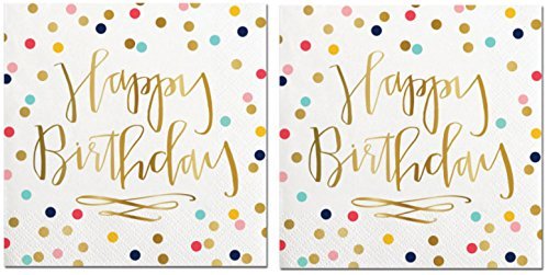 Happy Birthday Napkins (2 Sets of 20) - Fun Multi Color Confetti Polkadot Print with Metallic Gold Happy Birthday Message