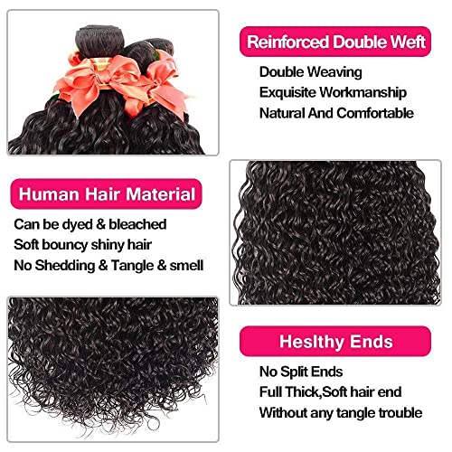 Water Wave Bundles With Closure Brazilian Wet And Wavy Bundles With Lace Closure Virgin Hair Bundles With Closure 10A Curly Weave Bundles With Closure Hair Extensions Natural Black Color (18 20 22+16) #TOP3