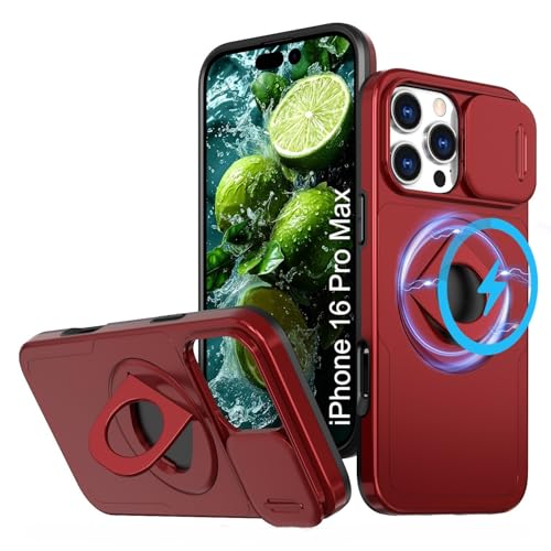 Image of LuxuryKase MagSafe Shockproof Rugged Back Case for iPhone 16 Pro Max | Finger Ring Kickstand & Sliding Camera Cover | Military Drop Protection | Wireless Charging Support - Red