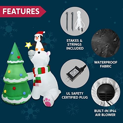 Christmas Inflatable Decoration 6 ft Polar Bear Christmas Tree Inflatable with Build-in LEDs Blow Up Inflatables for Christmas Party Indoor, Outdoor, Yard, Garden, Lawn, Winter Decor, Holiday Season