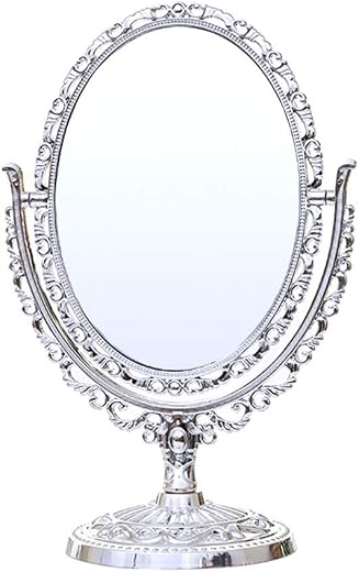 Vintage Oval Vanity Mirror, Double-Sided Tabletop Stand with 360° Swivel, Decorative Frame, Silver