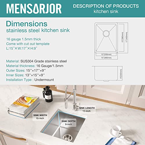 Mensarjor Bar Sink, 15 X 17 Inches 16 Gauge Stainless Steel Undermount Kitchen Sink, Single Bowl Bar/Prep Sink #TOP3