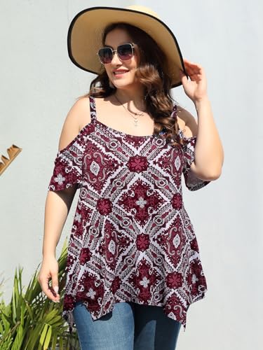 Image of LARACE Cold Shoulder Tops for Womens Summer Clothes Spaghetti Strape Tunic Oversized Shirts Asymmetrical Plus Size Blouse
