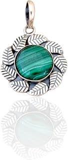 Malachite Pendant- 925 Sterling Silver Plated Pendant- Green Gemstone Pendant-Round Shape Cabochon Gemstone Pendant- P11H