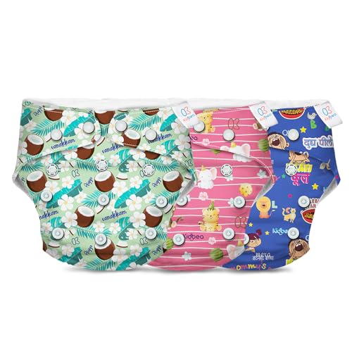 Image of Kidbea Reusable Cloth Diaper | Assorted Freesize, Washable Diapers for Baby 3 Months -3 Years | Stay Dry & Lasts up to 4Hrs | Waterproof Adjustable Cloth | 3 Shells Only (Floral, Pink, Blue)