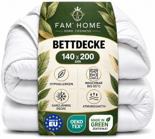 FAM Home Ganzjahresdecke 140x200 cm Made IN Green Zertifizierte Steppdecke | Erleben Sie Komfort mit dieser nachhaltigen, hypoallergenen und langlebigen Bettdecke ohne Bezug (350 g