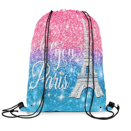 Erosebridal Paris Drawstring Backpack 13 x 15.75,Glitter Eiffel Tower Drawstring Bags for Valentine's Day Gift,(Not Real) Diamond Draw String Back Bag,Sparkles Sequins String Backpack