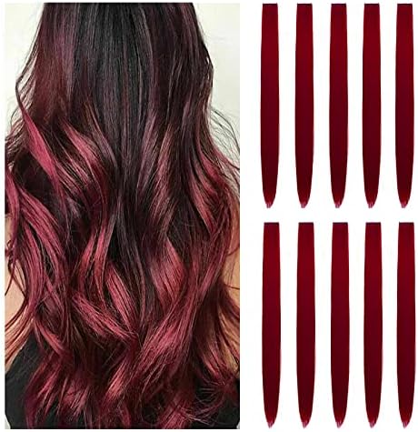 Hair Extension Clips 10pcs in Wine Red 20 Inch Straight Hair Synthetic Fiber Hairpieces for Party