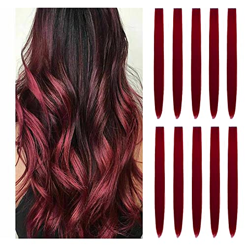 Hair Extension Clips 10Pcs In Wine Red 20 Inch Straight Hair Synthetic Fiber Hairpieces For Party #TOP2