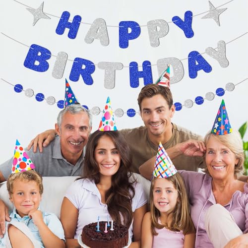Image of Royal Blue and Silver Happy Birthday Banner-Happy Birthday Decorations for Boys Men,Glitter Garland Sign for 6st 10st 13st 17st Blue Party Decor,Bday Backdrop Supplies
