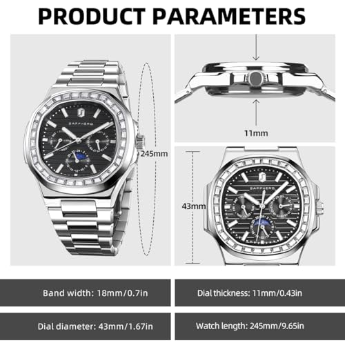 Image of Sapphero Watches for Men Waterproof Luminous Watches with Date Dial Chronograph Analog Quartz Movement Steel Stainless Business Wrist Watches Mens Gifts