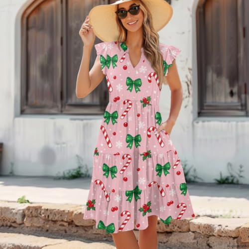 Image of Women's Casual Ruffle Sleeve Dress V Neck Pullover Dress Flowy A-Line Pleated Lightweight Dress with Pockets