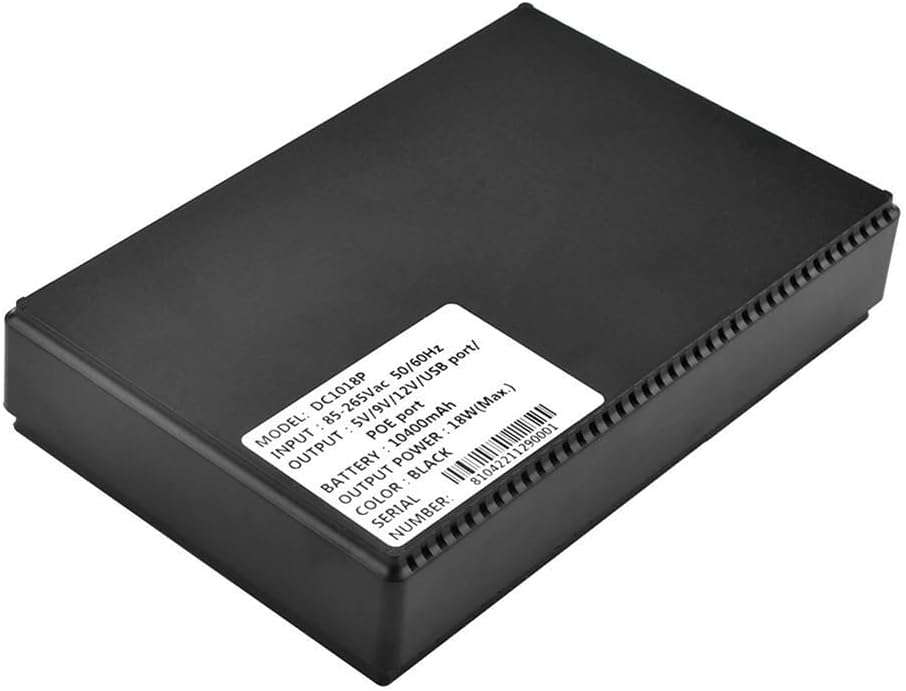 Bottom view of the Vernijtrdy DC1018P UPS showing a product label with model DC1018P, input 85-265Vac 50/60Hz, output 5V/9V/12V/USB port/POE port, battery 10400mAh, output power 18W (Max), color black, and serial number.