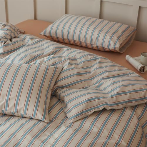 Image of Striped Comforter Set King Size, 3 Pieces Lightweight Striped Bedding Comforter Set, Fluffy Soft Blue Brown Stripes Pattern Printed Bedding Set, Breathable King Size Comforter with 2 Pillowcases
