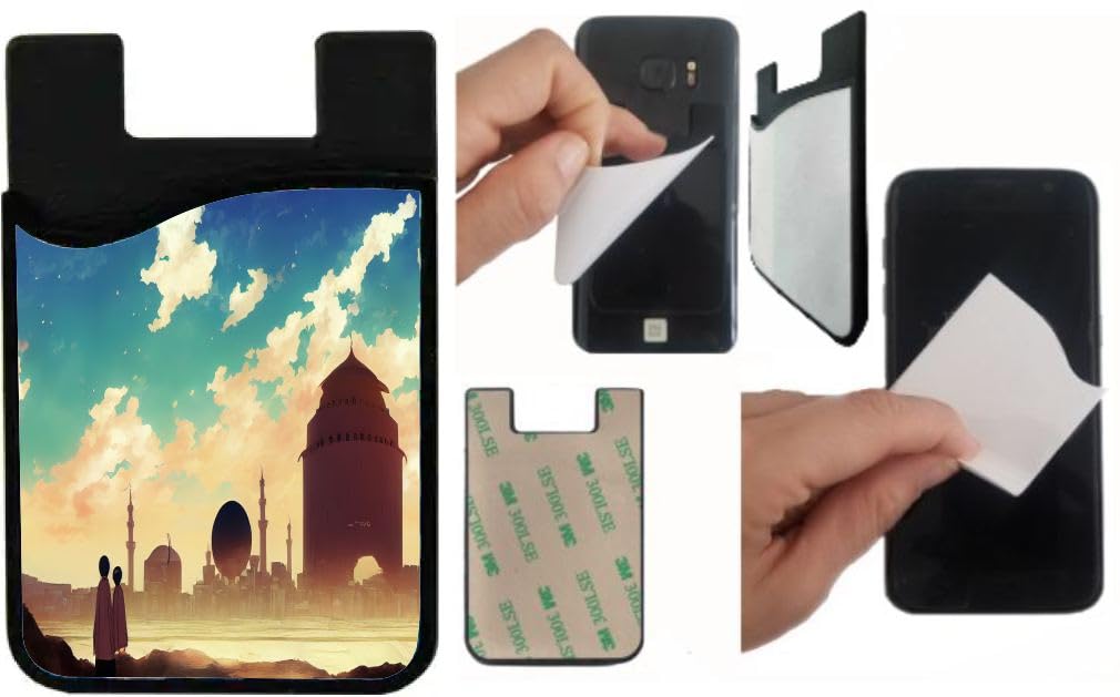 Island Gifting Neoprene Stick-on ID Card Holder for iPhone/Galaxy/Google Android Cases Featuring Image of Arabia Anime Style Backgroud of Saudi Arabia